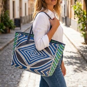 orYANY Navy Tote with Green and White Dot Pattern